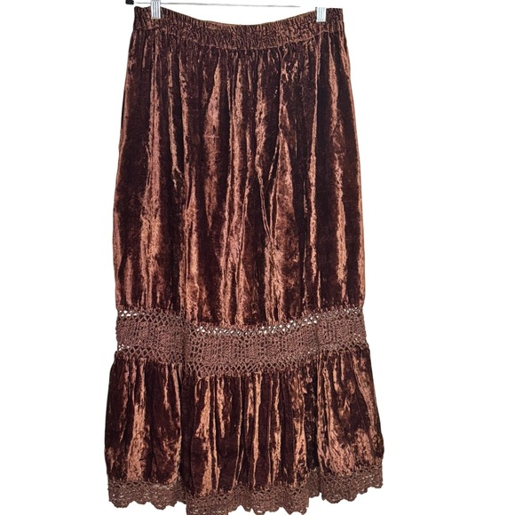 Y2K Crushed Velvet‎ Maxi Skirt M L Gypsy Fairy  Grunge Tiered Crochet Lace Boho - Picture 4 of 9